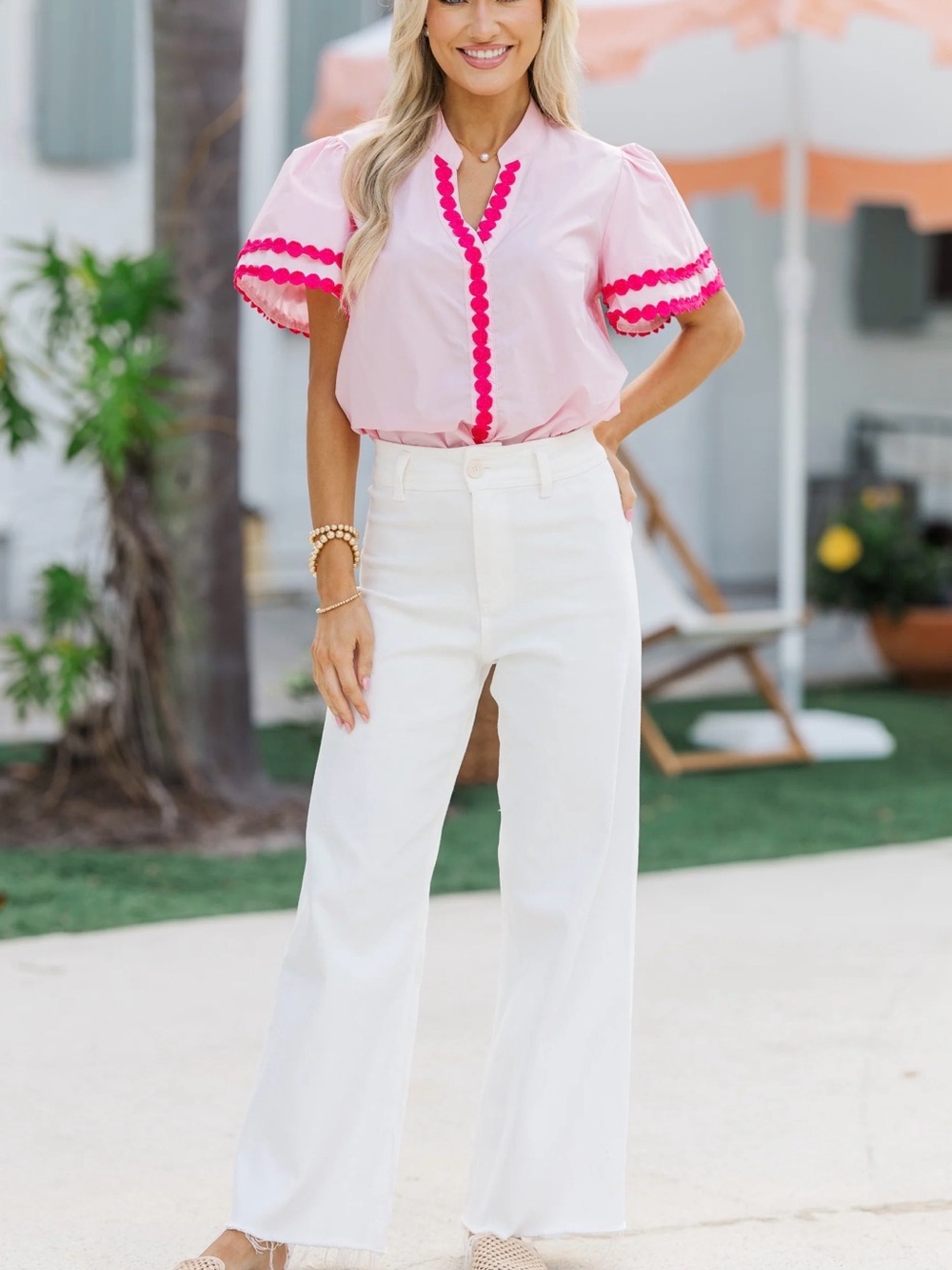 Women’s Pink Short Sleeve Blouse with Hot Pink Trim